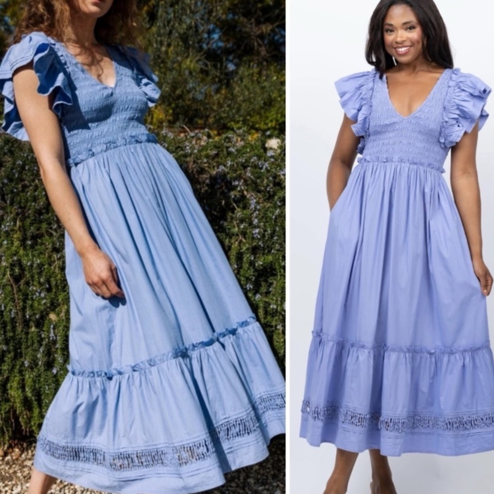 Cleobella Gladys Ankle Dress Periwinkle Smocked Ruffle Organic Cotton XS